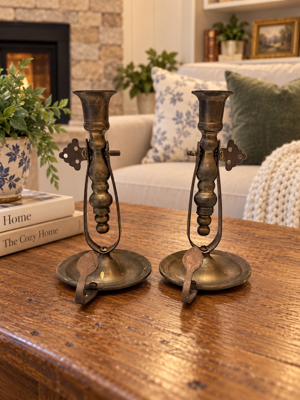Pair Of Antique Brass Gimbal Swing Candlesticks